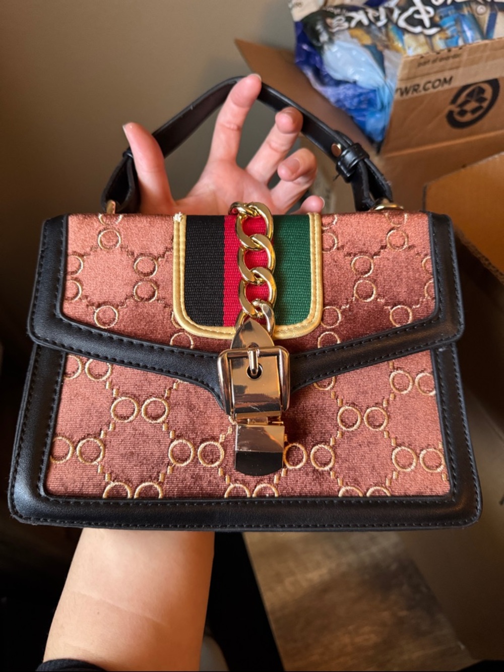 Top Handle Chain and Velour Crossbody Bag
